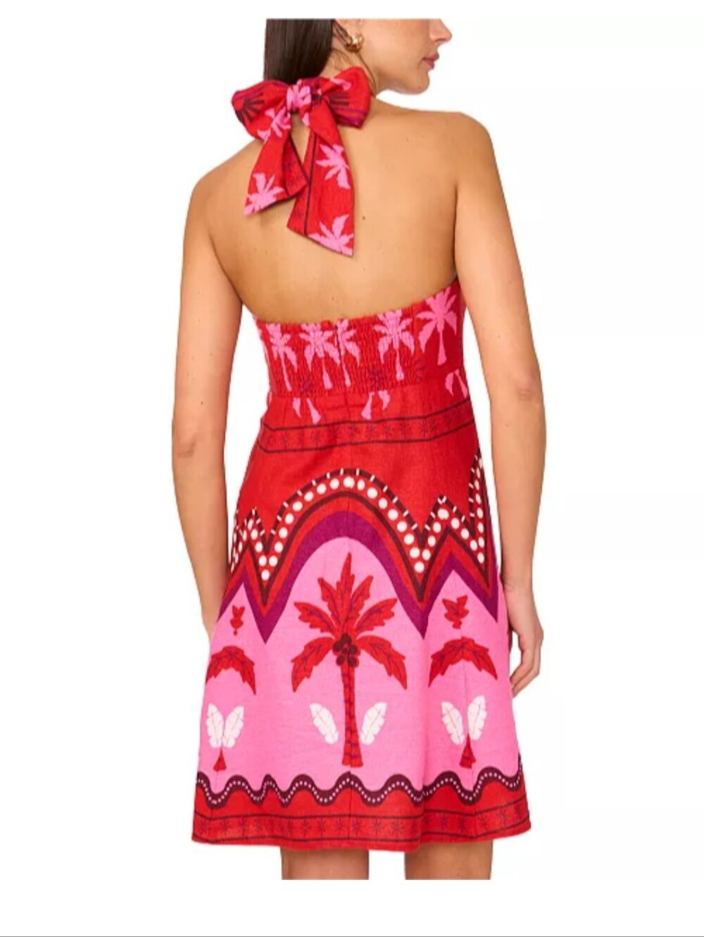 NWT I. State Halter Sundress Sz L Red Pink Tropical Palm Tree Tie Neck Dress - Picture 2 of 11
